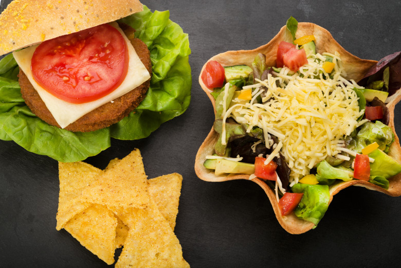 Vegan Dairy-free Plant Based Diet Delicious Burger with Mozzarella Flavour Cheese 2 servings plate